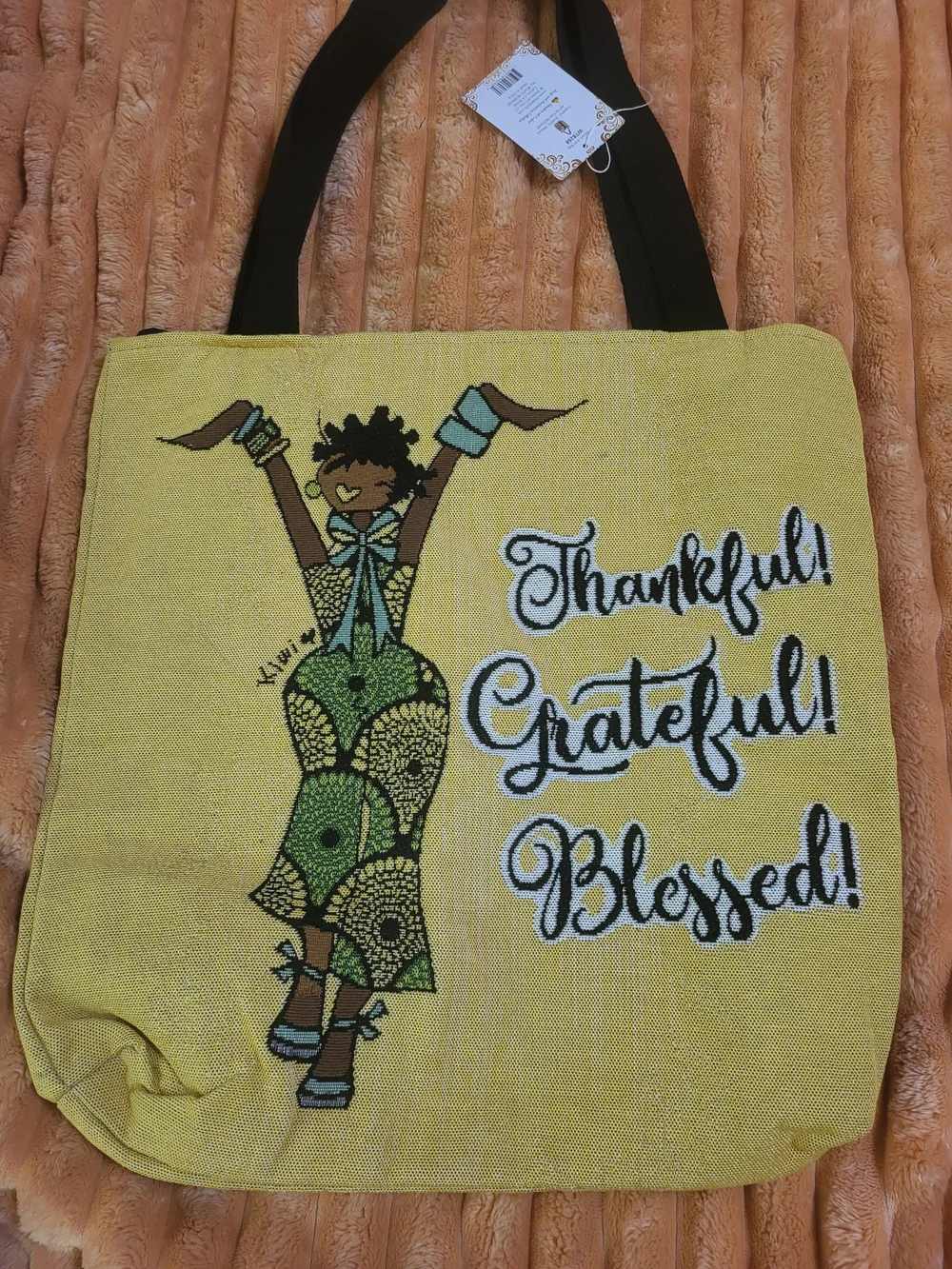 Thankful Grateful Blessed Yellow Tote Bag - Picture 1 of 5